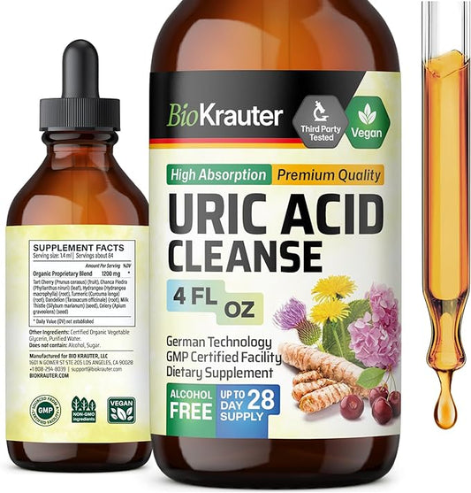 BIO KRAUTER Uric Acid Support Tincture - Natural Kidney Supplement w/Tart Cherry, Milk Thistle, Turmeric Herbal Liquid Extracts - Vegan Drops 4 Fl.Oz.