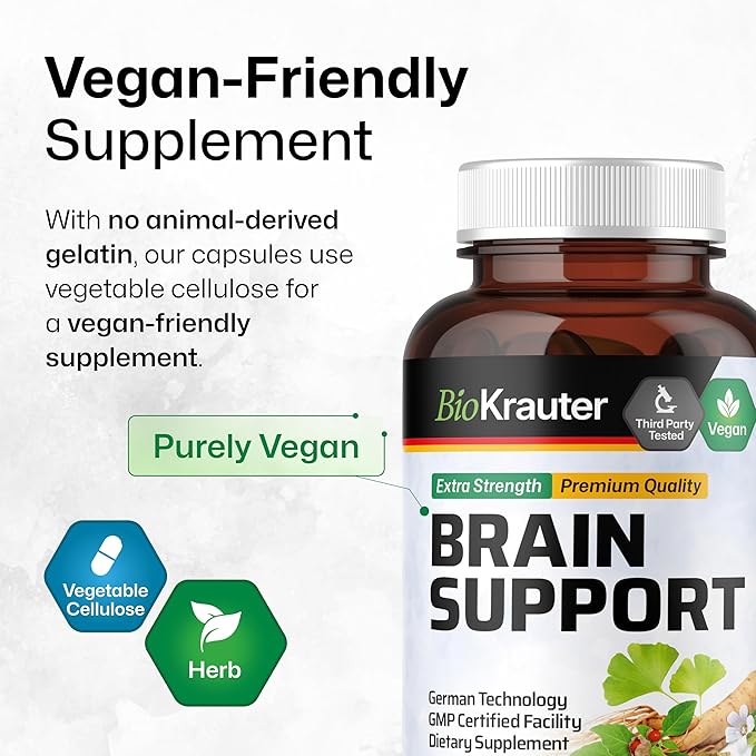 BIO KRAUTER Brain Support Supplement - 100 Count - 1300 mg Blend of Ashwagandha, Panax Ginseng and Ginkgo Biloba - Vegan, No Fillers