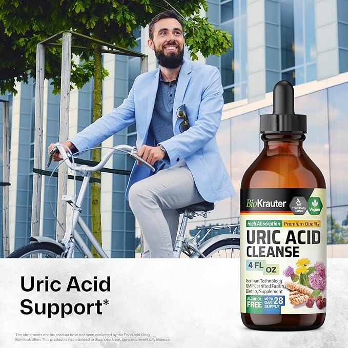 BIO KRAUTER Uric Acid Support Tincture - Natural Kidney Supplement w/Tart Cherry, Milk Thistle, Turmeric Herbal Liquid Extracts - Vegan Drops 4 Fl.Oz.