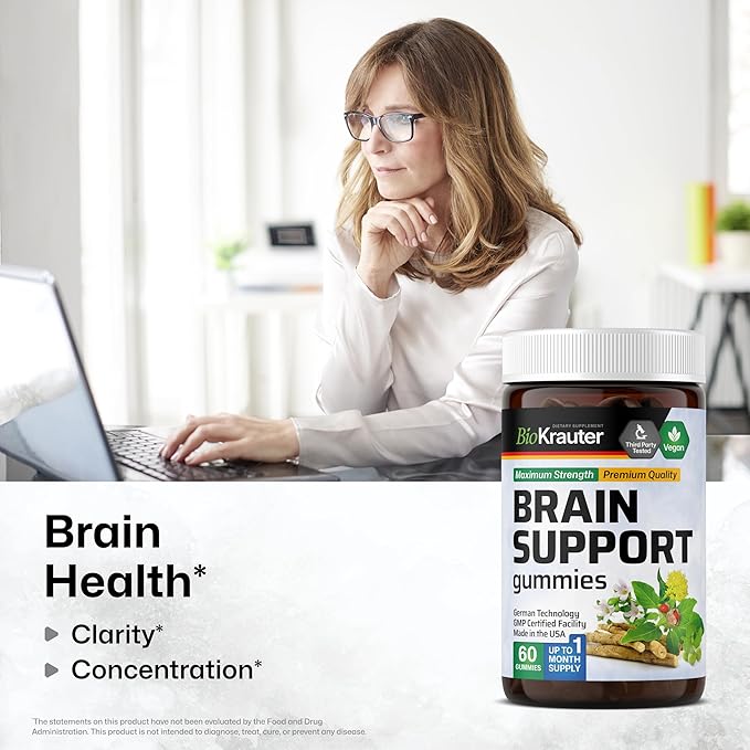 BIO KRAUTER Brain Support Gummies - 60 Vegan Chews - Natural Brain Supplement - Ashwagandha, Ginkgo Biloba, Bacopa, DMAE, and Vitamins for Cognitive Support