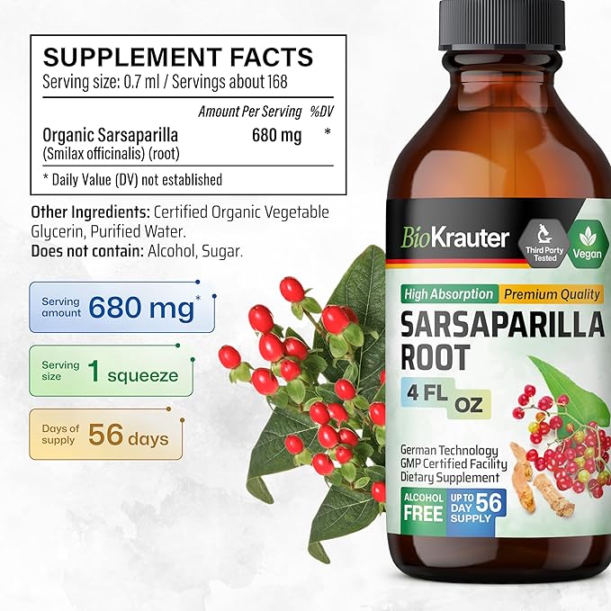 BIO KRAUTER Sarsaparilla Root Tincture - Herbal Liquid Extract Supplement for Liver Support - Alcohol & Sugar Free Sarsaparilla Extract - Vegan Drops 4 Fl.Oz.