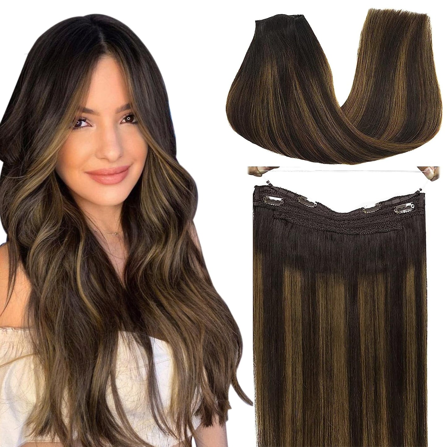 GOO GOO Wire Hair Extensions Human Hair, 2/6/2 Dark Brown with Chestnut Brown Balayage 16inch 95g, Invisible Wire Hair Extensions with Transparent, Seamless Fish Line Hairpiece