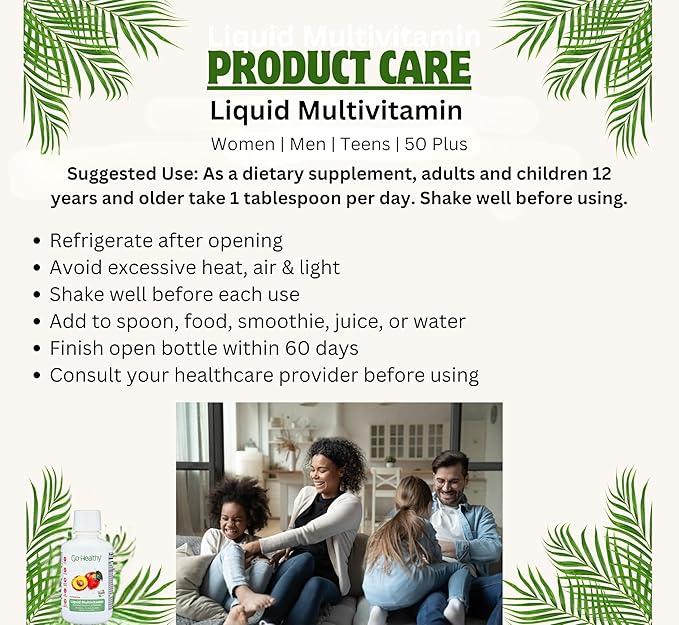 Go Healthy Liquid Multivitamin for Women, Men, Teens, 50 Plus – Vegan Vitamin & Mineral Supplement, Adult Energy & Immune Support, Easy-to-Absorb, Delicious Fruit Flavor – 32 Servings