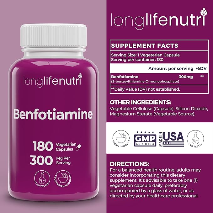 Benfotiamine 300mg – 180 Vegetarian Capsules, 6-Month Supply, Fat-Soluble B1 Thiamine Supplement for Energy and Wellness, Lab Tested, Made in USA