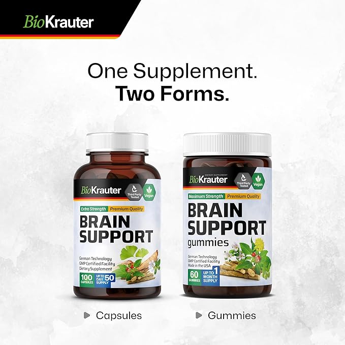 BIO KRAUTER Brain Support Supplement - 100 Count - 1300 mg Blend of Ashwagandha, Panax Ginseng and Ginkgo Biloba - Vegan, No Fillers
