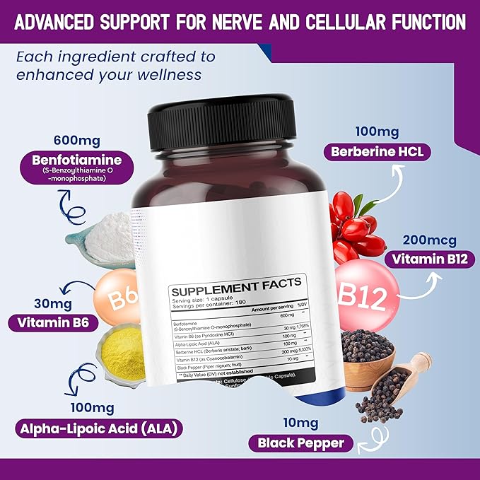 Benfotiamine (Fat-Soluble Vitamin B1) with Alpha-Lipoic Acid & Berberine – Advanced Formula – Supports Healthy Metabolism – 180 Capsules (Pack of 1) – Made in The USA