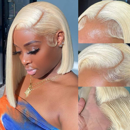 HIRIREMY 613 Bob Wig Human Hair 13x4 HD Lace Front Wig Human Hair Blonde,Short Straight Glueless 613 Blonde Lace Front Bob Wigs For Black Women Human Hair Pre Plucked Side Part Blond 12 Inch