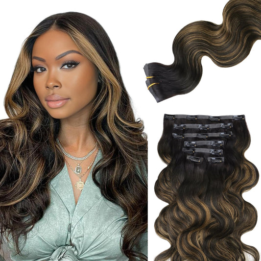 Lashey Seamless Clip in Hair Extensions Human Hair 110g 7pcs Body Wave Natural Black Mixed Chestnut Brown Clip in Hair Extensions for Black Women 14 Inch