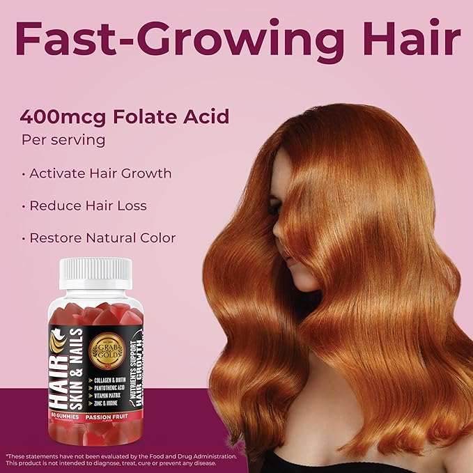 Grab The Gold Hair Skin & Nails Gummies Vitamins with 6000mcg Biotin + Collagen + 10 Vitamins & Minerals, Gluten-Free, Passion Fruit Flavor (1 Bottle = 1 Month Supply)