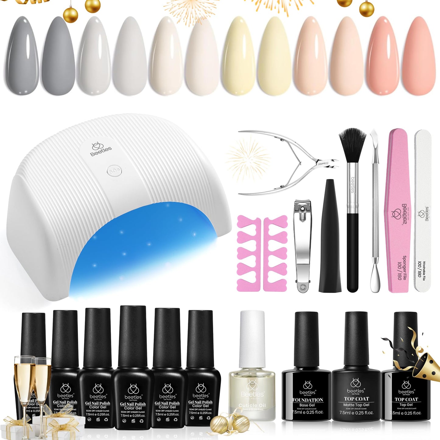 Beetles Gel Nail Polish Kit with U V Light, 6 Colors Nude Grey Yellow Gel Polish Nail Kit, Winter Gel Polish Nail Kit with Base & Top Coat Soak Off DIY Manicure at Home Gifts for Women