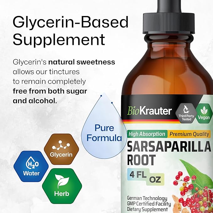 BIO KRAUTER Sarsaparilla Root Tincture - Herbal Liquid Extract Supplement for Liver Support - Alcohol & Sugar Free Sarsaparilla Extract - Vegan Drops 4 Fl.Oz.