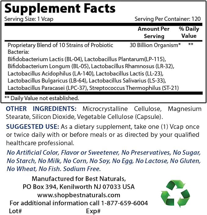 Best Naturals Probiotic 10 Strains & 30 Billion CFU & Vitamin D3 10000 IU