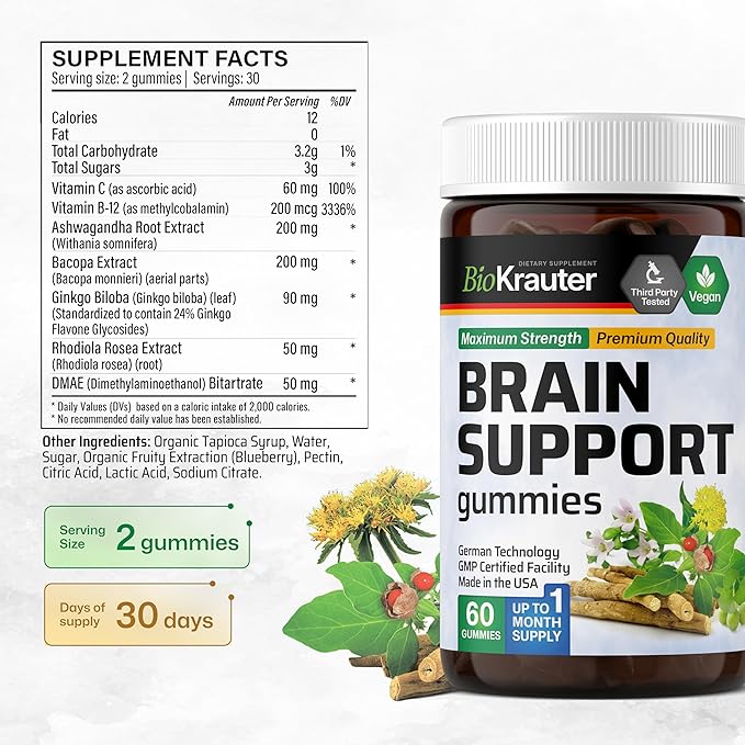 BIO KRAUTER Brain Support Gummies - 60 Vegan Chews - Natural Brain Supplement - Ashwagandha, Ginkgo Biloba, Bacopa, DMAE, and Vitamins for Cognitive Support