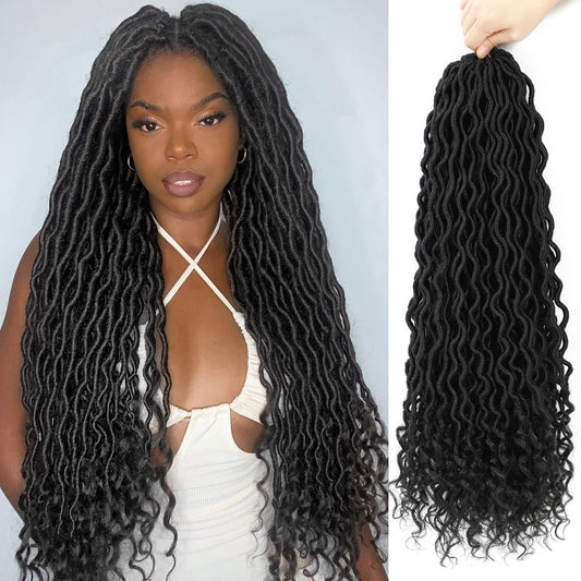 Goddess Locs Crochet Hair 24 Inches 6 Packs Pre Looped Faux Locs Crochet Hair For Women Soft Bohemian Crochet Faux Locs With Curly Ends(1B, 24 Inch, 6 Packs)