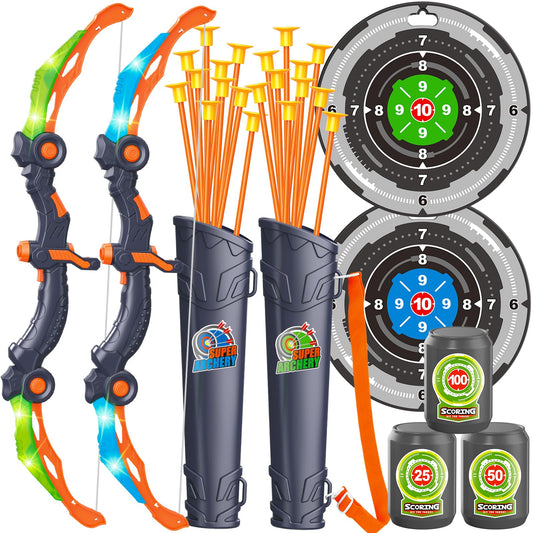 GMAOPHY Bow and Arrow for 5 6 7 8 9 10 11+ Year Old Boys, Birthday Gift for Kids, Indoor Outdoor Activity Toys, 2 Pack LED Light Up Archery Toy with 20 Suction Cup Arrows, Standing Target, 2 Quiver