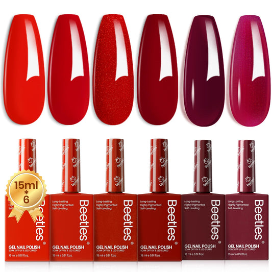 Beetles Red Gel Nail Polish Set-15ML 6 Colors Shimmer Bloody Red Burgundy Gel Polish Kit Soak Off UV Nail Polish Nail Art Design DIY Gift for Women Colorful Bottle