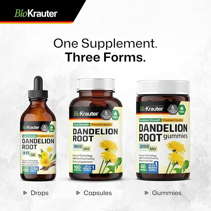 BIO KRAUTER Dandelion Tincture - Pure Dandelion Root Supplement for Liver & Kidney Support - 4 Fl. Oz - 56 Days of Supply - Vegan Extract Liquid Drops Non-GMO, No Fillers, No Sugar & Non-Alcohol