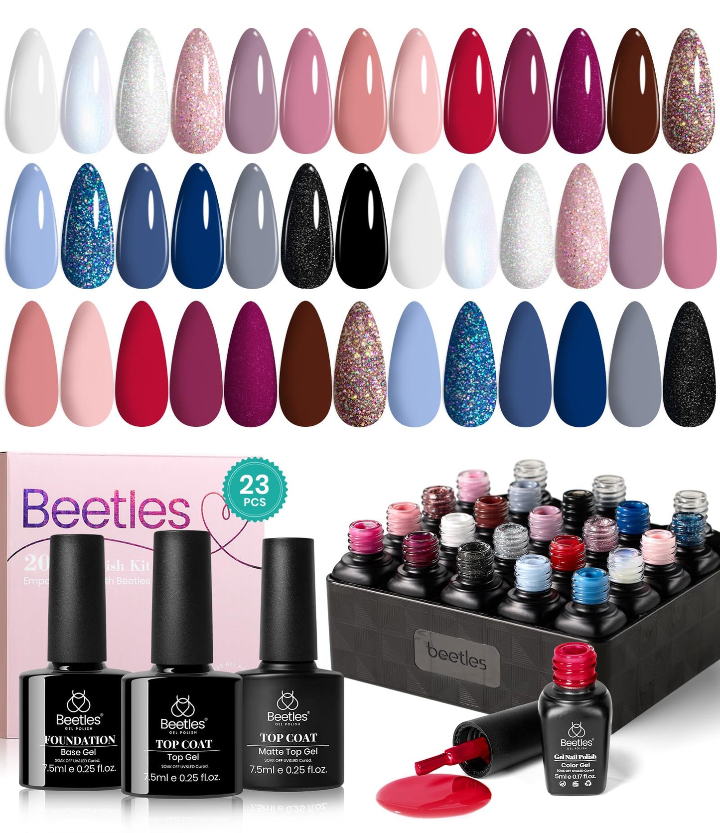 Beetles Gel Nail Polish Set 20 Colors Red Blue White Nails with No Wipe Base and Glossy & Matte Top Coat for Soak-off UV Light Gel Nail Art Manicure Set DIY at Home Gifts for Women Girls