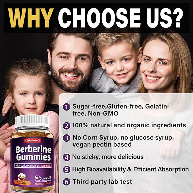 Berberine Gummies with Ceylon Cinnamon， 2000mg Berberine HCI Supplement for Men & Women, Orange Flavored Vegan Sugar Free Gummies (60 Count)(Pack of 1)