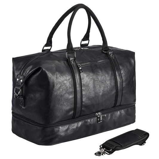 Leather Travel Bag with Shoe Pouch,Weekender Overnight Bag Waterproof Leather Large Carry On Bag Travel Tote Duffel Bag