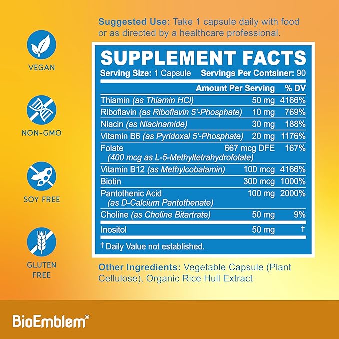 BioEmblem B Complex Vitamins | Complete B-Vitamin Formula with Active Methylated Forms | Supports Energy, Mental Clarity & Immune Health | Non-GMO, Vegan, Soy-Free, Gluten-Free |270 Capsules