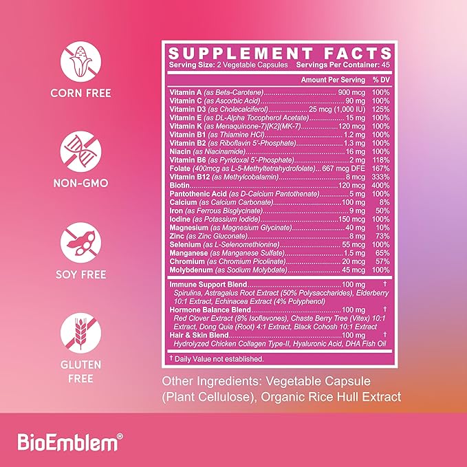 BioEmblem Women's Multivitamin - Complete Daily Multi for Immunity, Energy, Hair, Skin with Vitamin A, B12, B6, D3, Biotin, Iron, Magnesium, Collagen and Veggie Blends - Gluten Free - 90 Capsules