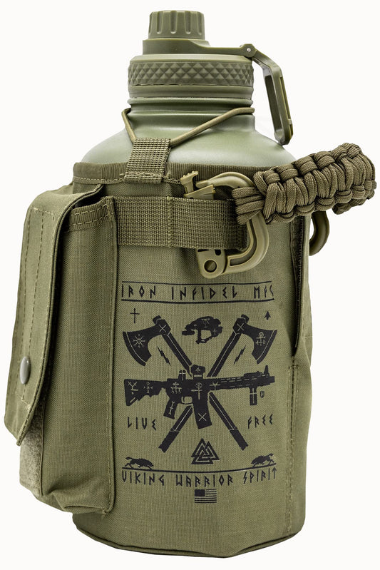Iron Infidel Battle Bottle - Half Gallon Water Bottle Insulated, 64 oz Stainless Steel Water Jug with Handle- Gym Water Bottle for Men with Rugged Sleeve for Storage (Live Free 2 Liter)