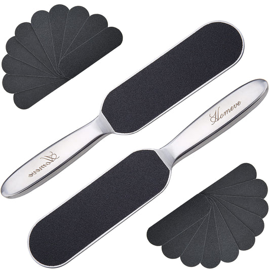 Homeve 2 Pieces Professional Pedicure Foot File - Reusable Stainless Steel Feet Rasp with 20 Replaceable Coarse-Fine Double Side Reusable Pads Cracked Skin Corns Callus Remover