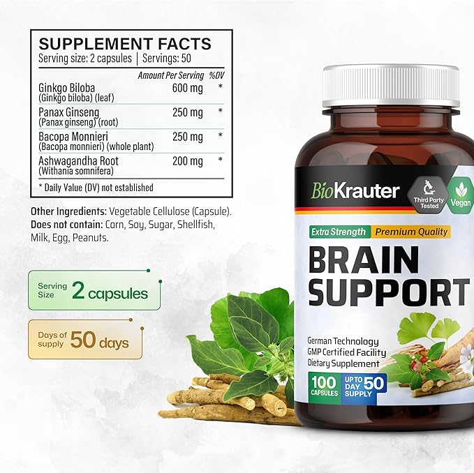 BIO KRAUTER Brain Support Supplement - 100 Count - 1300 mg Blend of Ashwagandha, Panax Ginseng and Ginkgo Biloba - Vegan, No Fillers