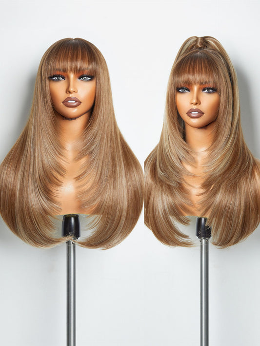 GORGIUS Highlight Straight Layered Wigs with Bangs Glueless Light Brown with Blond Highlights 22 Inch Wigs Crafted with Style-Archive Premium Fiber Natural Hairline