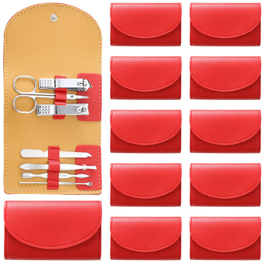 Lanties 12 Set Manicure Set Bulk Mini Manicure Nail Clipper Kit 7 in 1 Stainless Steel Professional Nail Care Pedicure with Travel Portable Bag Grooming Kits for Women Men Home(Red)