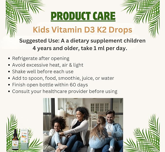 Go Healthy Vitamin D3 K2 (MK-7) All-Trans Drops for Kids - Easy-to-Absorb Vegan D Liquid, Children's Growth & Immune Support, Gluten Free, Delicious Vanilla Flavor - 30 Servings
