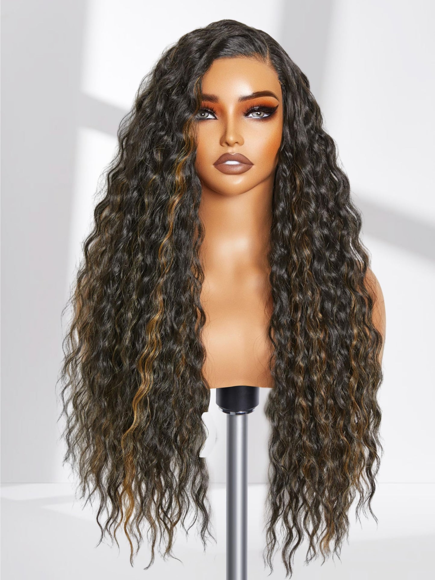 GORGIUS Highlight Water Wave Wig Glueless Pre Cut Synthetic Lace Front Wig 28 Inch Side Parted Black Mix Brown Long Wig For Women Upgraded with Premium Human-Hair-Like Fiber