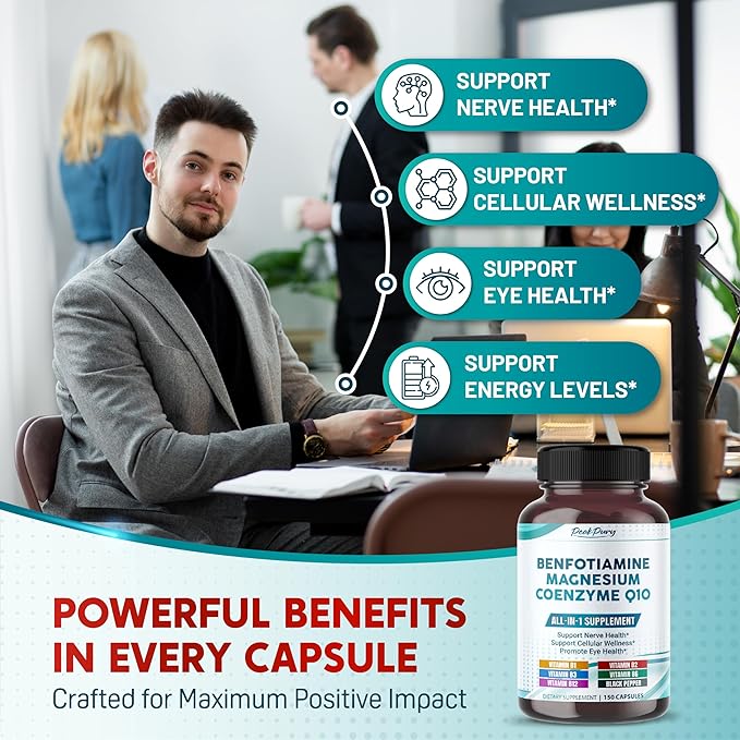Benfotiamine with Magnesium & Coenzyme Q10 - Supports Nerve Health, Cellular Wellness & Eye Health - Made in The USA- 150 Capsules
