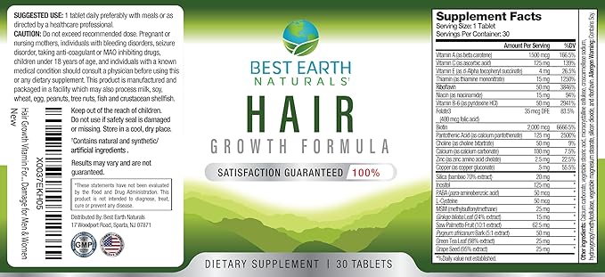 Best Earth Naturals Hair Growth Vitamin Formula to Help Support Thick Full Strong Healthy Hair - for Men & Women - 30 Count