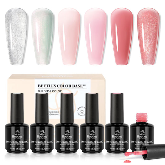 Beetles Rubber Base Gel, Nude Pink 6 Color Base Gel Polish Set, 5-in-1 Strengthening, Repairing & Smoothing Nail Base with Natural Nude Color, Self-Leveling Nail Art Manicure Gift for Women