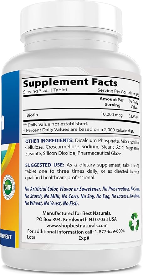 Best Naturals Biotin (Also Called Vitamin B7), 10,000 mcg 365 Tablets (365 Count (Pack of 1))