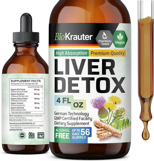 BIO KRAUTER Liver Detox Liquid - Liver Cleanse Detox Liquid Drops - Milk Thistle, Chanca Piedra, Turmeric, Dandelion, Artichoke - Vegan Drops 4 Fl. Oz.