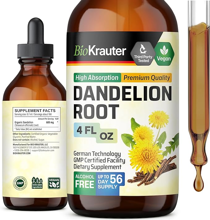 BIO KRAUTER Dandelion Tincture - Pure Dandelion Root Supplement for Liver & Kidney Support - 4 Fl. Oz - 56 Days of Supply - Vegan Extract Liquid Drops Non-GMO, No Fillers, No Sugar & Non-Alcohol