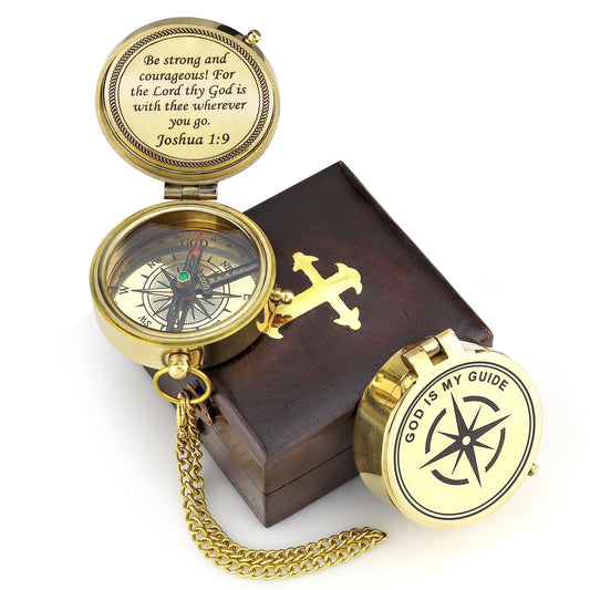 God is My Guide Polished Brass Compass Gift with Display Box - Engraved Scripture Prayer Compass Religious Gift for Men & Women - Baptism, Confirmation, Communion Compass for Boys Graduation Gift