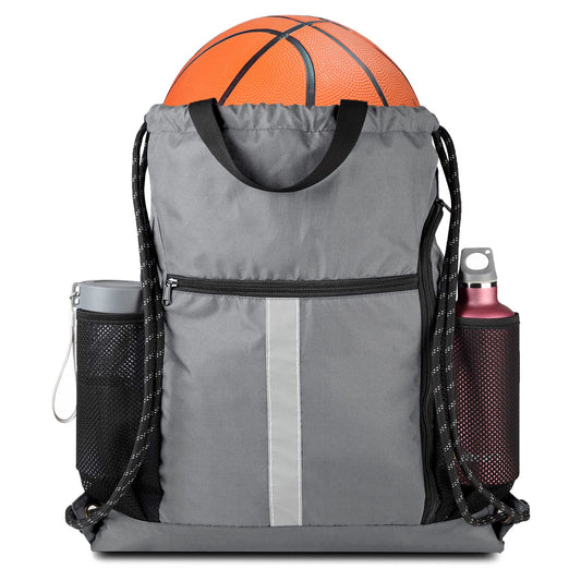 BeeGreen Grey Drawstring Bag Pack Gym Sackpack w Shoe Compartment Two Water Bottle Holder Portable String Sinch Sack for Gymnastic Athletic Beach Travel