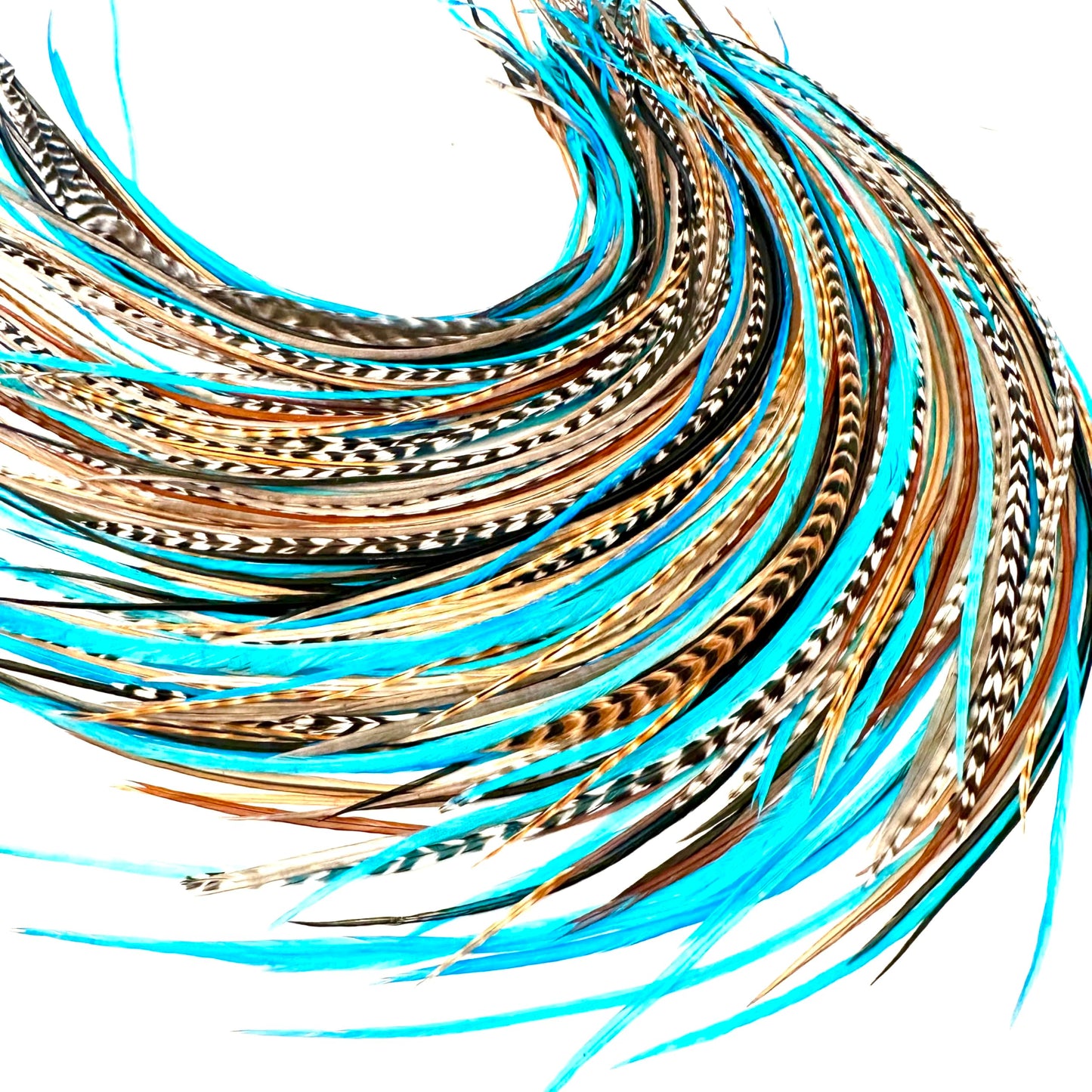 21 Natural & Turquoise Color Hair Feathers - 7”- 12” Long - Feathers for Hair Extension, Rooster Feathers DIY Kit - Eye-Catching Design - 20 Micro-link Beads - 100% Real Rooster Feathers