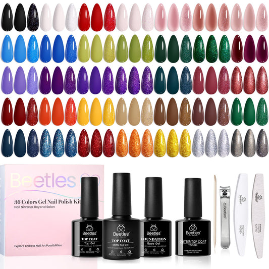 Beetles Gel Nail Polish Set, 36 Colors Gel Polish with Base Coat Glossy Matte & Glitter Gel Top Coat White Jelly Blue Mystic Wonderland Collection Pink Gifts for Women