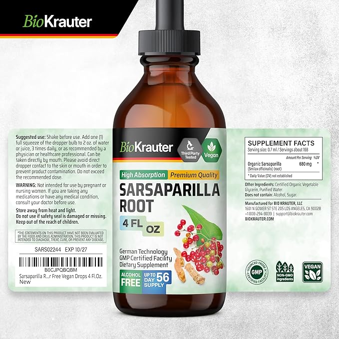 BIO KRAUTER Sarsaparilla Root Tincture - Herbal Liquid Extract Supplement for Liver Support - Alcohol & Sugar Free Sarsaparilla Extract - Vegan Drops 4 Fl.Oz.