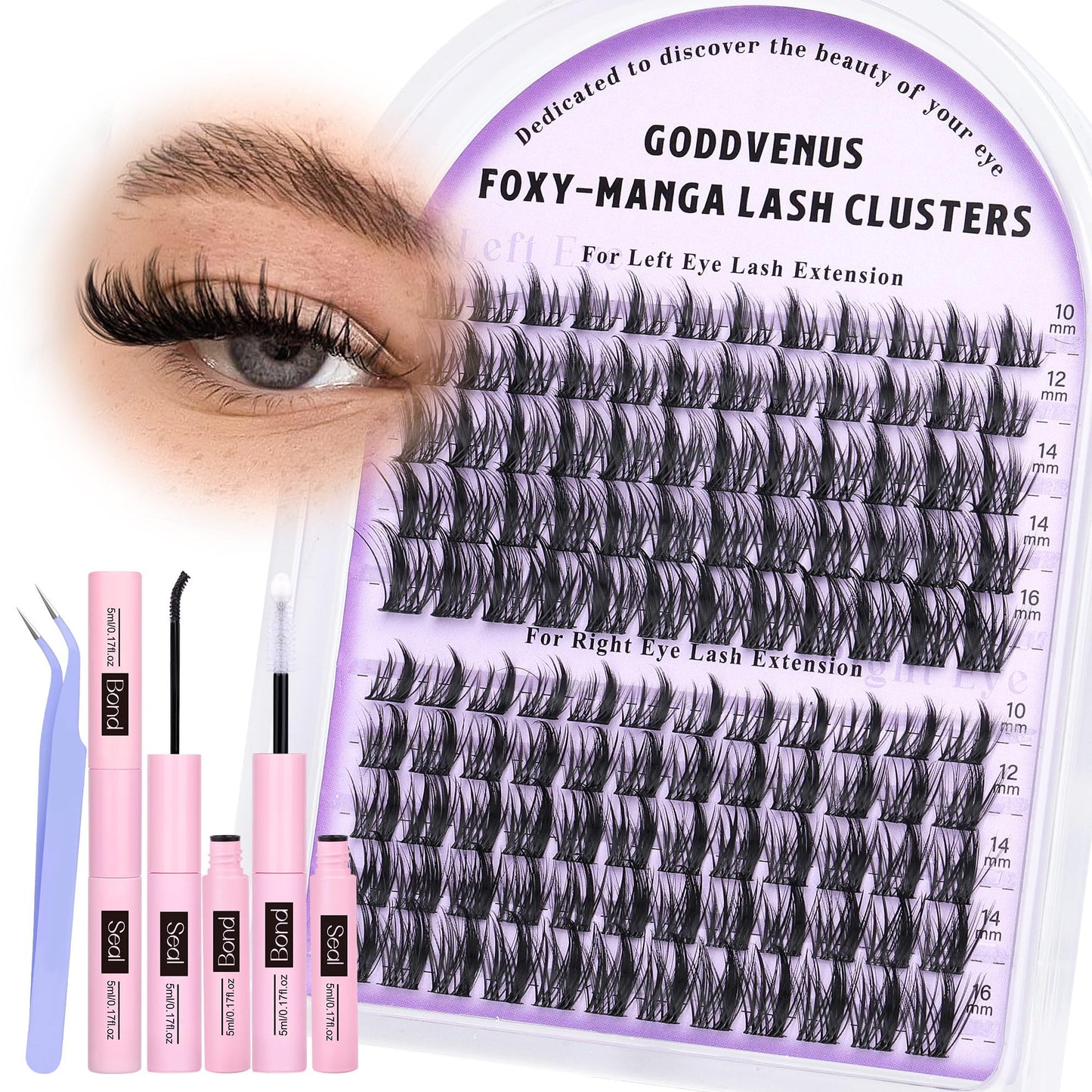 Goddvenus Manga Lash Cluster Kit Wispy Lashes Clusters Fluffy Eyelash Clusters Upturned Foxy Cluster Eyelash Extensions Kit D Curl Fairy Eyelash Extension Kit 10-16mm Individual Lashes Kit