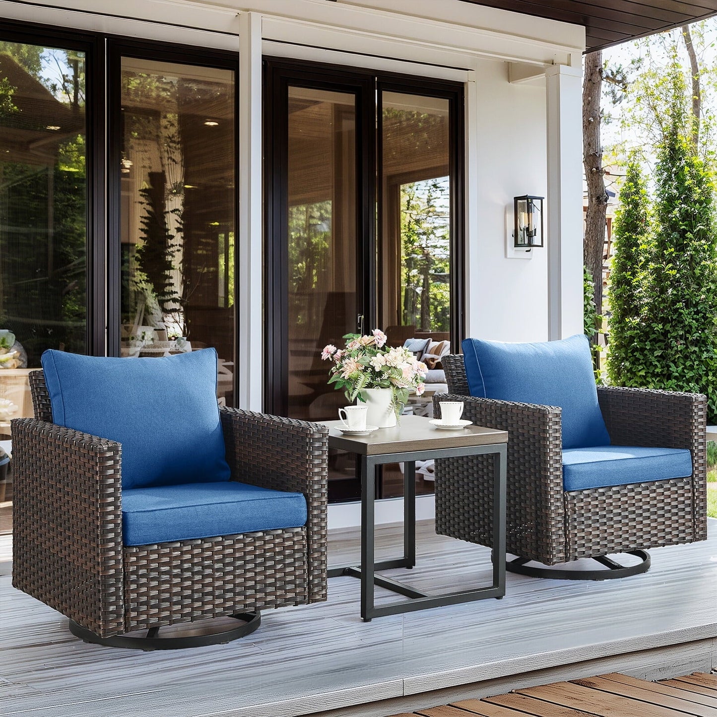 Bellefurn Outdoor Swivel Rocker Patio Chairs with Side Table,Patio Swivel Chairs Set of 2 Wicker Patio Swivel Rocking Chairs Set Patio Furniture Set for Porch Balcony Garden Deck Yard