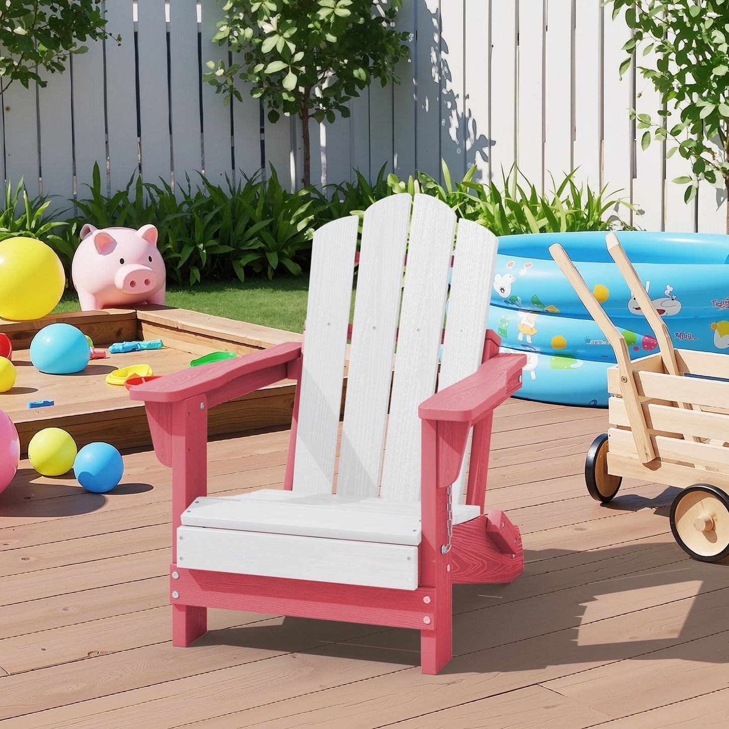 JUSTLET Kids Foldable Adirondack Chair, Lightweight HDPE Outdoor Chair, Weather-Resistant, Portable,Pink and White