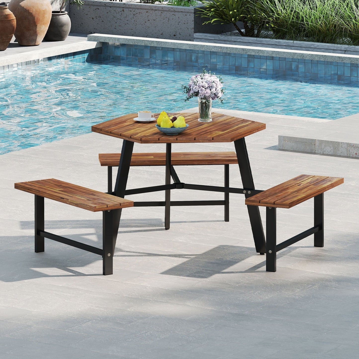 Gymax 6 Person Acacia Wood Picnic Table Bench Set w/3 Seats Umbrella Hole Metal Frame