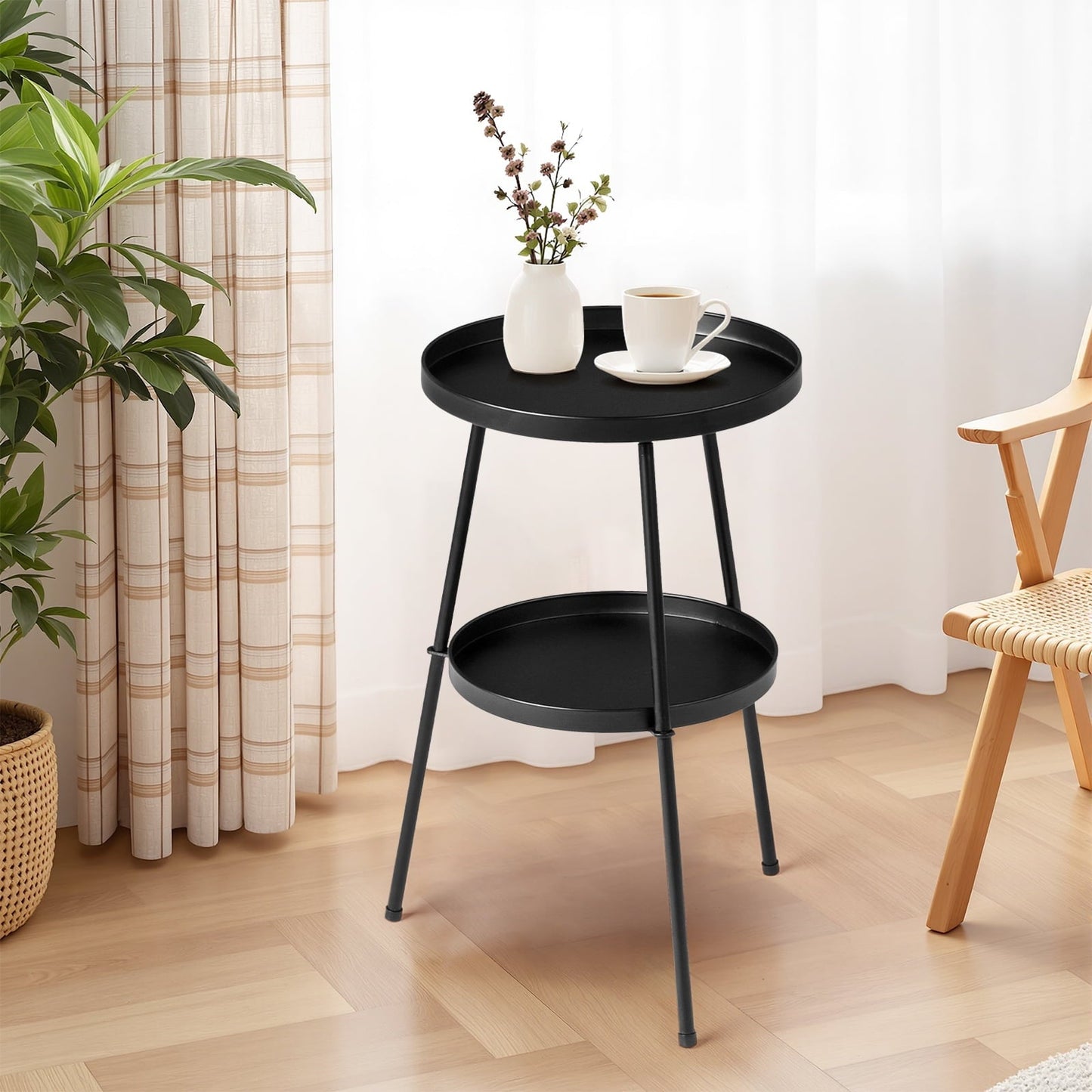 Ktaxon Round Side Table Small Space Saving Coffee Table Durable Iron Black