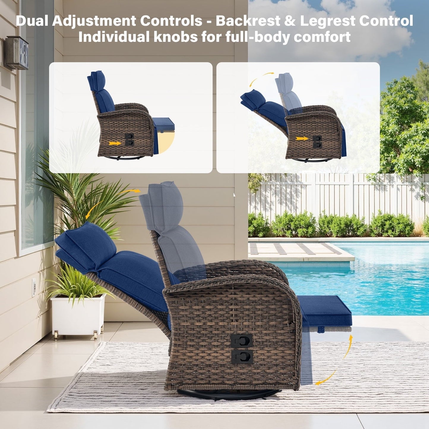 Bellefurn Outdoor Swivel Recliner Chairs,Patio Wicker Recliner Chairs Outdoor Lounge Chairs with Thickness Cushions,Adjustable Angle,Reclining Lounge Chair for Outdoor,Fire Pit,Pool,Garden